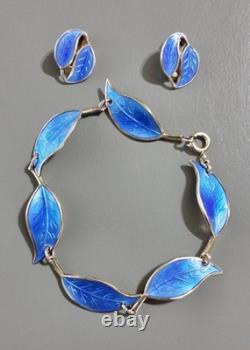 Vintage Jewelry David Andersen Sterling Enamel Blue Leaf Bracelet / Earrings Set