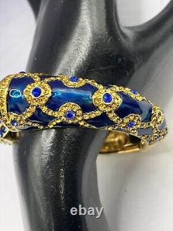 Vintage Joan Rivers Bracelet Clamper Goldtone Blue Enamel Multicolor Rhinestones