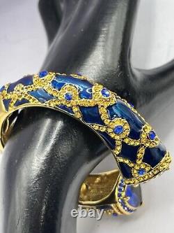 Vintage Joan Rivers Bracelet Clamper Goldtone Blue Enamel Multicolor Rhinestones