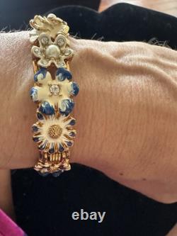 Vintage KJL Bracelet Floral RARE Enamel Blue, White W Gold P Faux Pearls