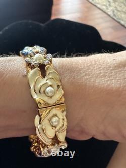 Vintage KJL Bracelet Floral RARE Enamel Blue, White W Gold P Faux Pearls