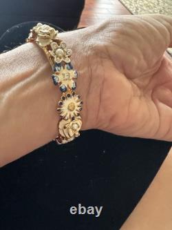Vintage KJL Bracelet Floral RARE Enamel Blue, White W Gold P Faux Pearls