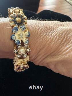 Vintage KJL Bracelet Floral RARE Enamel Blue, White W Gold P Faux Pearls