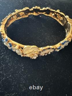 Vintage KJL Bracelet Floral RARE Enamel Blue, White W Gold P Faux Pearls