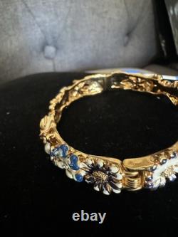 Vintage KJL Bracelet Floral RARE Enamel Blue, White W Gold P Faux Pearls