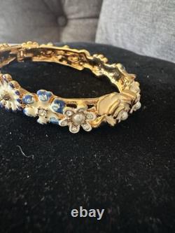 Vintage KJL Bracelet Floral RARE Enamel Blue, White W Gold P Faux Pearls