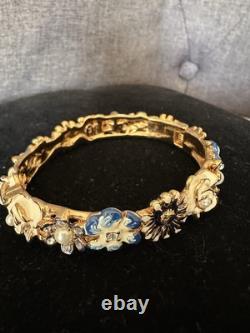 Vintage KJL Bracelet Floral RARE Enamel Blue, White W Gold P Faux Pearls
