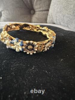 Vintage KJL Bracelet Floral RARE Enamel Blue, White W Gold P Faux Pearls