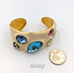 Vintage KJL Kenneth Lane Ivory Enamel Multi Gem Crystals Gold Tone Cuff Bracelet