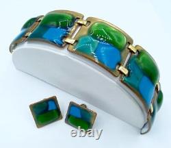 Vintage Kay Denning Enamel & Fused Glass Blue, Green & Gold Bracelet & Earrings