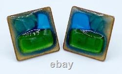 Vintage Kay Denning Enamel & Fused Glass Blue, Green & Gold Bracelet & Earrings