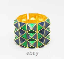 Vintage Kenneth Jay Lane KJL wide green blue enamel Pyramid bracelet