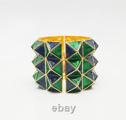 Vintage Kenneth Jay Lane KJL wide green blue enamel Pyramid bracelet