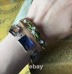 Vintage Krementz Enamel & Pearl Forget Me Not Gold Filled Bangle Bracelet V606