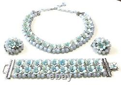 Vintage LERU Blue Moonglow Enamel Necklace Earrings Bracelet Set Parure