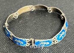 Vintage Link Bracelet Sterling Silver Siam Thailand Blue Enamel