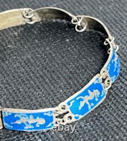 Vintage Link Bracelet Sterling Silver Siam Thailand Blue Enamel
