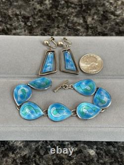 Vintage MCM Mid Century Sterling Silver & Enamel Fish Water Bracelet & Earrings