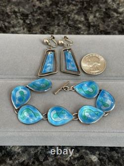 Vintage MCM Mid Century Sterling Silver & Enamel Fish Water Bracelet & Earrings