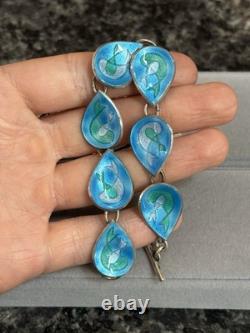 Vintage MCM Mid Century Sterling Silver & Enamel Fish Water Bracelet & Earrings