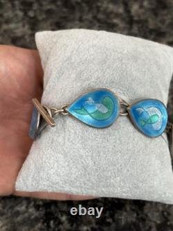 Vintage MCM Mid Century Sterling Silver & Enamel Fish Water Bracelet & Earrings