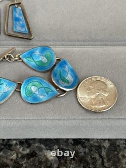 Vintage MCM Mid Century Sterling Silver & Enamel Fish Water Bracelet & Earrings