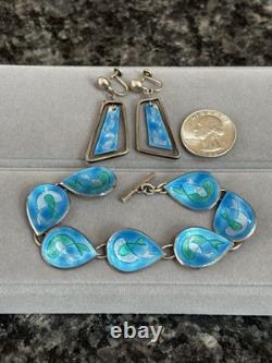 Vintage MCM Mid Century Sterling Silver & Enamel Fish Water Bracelet & Earrings