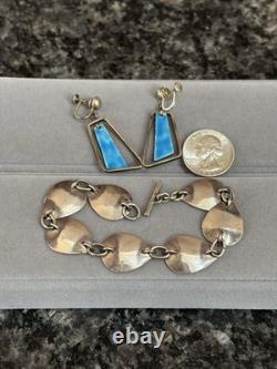 Vintage MCM Mid Century Sterling Silver & Enamel Fish Water Bracelet & Earrings