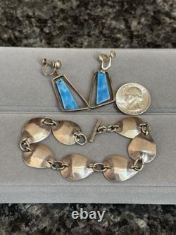 Vintage MCM Mid Century Sterling Silver & Enamel Fish Water Bracelet & Earrings