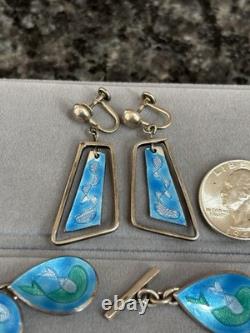 Vintage MCM Mid Century Sterling Silver & Enamel Fish Water Bracelet & Earrings