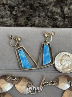 Vintage MCM Mid Century Sterling Silver & Enamel Fish Water Bracelet & Earrings