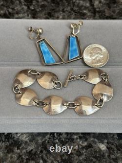 Vintage MCM Mid Century Sterling Silver & Enamel Fish Water Bracelet & Earrings