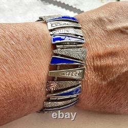 Vintage MCM Russian Silver and Blue Enamel with Zircon Geometric Bracelet