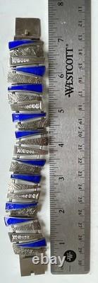 Vintage MCM Russian Silver and Blue Enamel with Zircon Geometric Bracelet