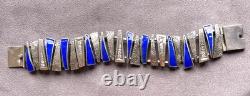 Vintage MCM Russian Silver and Blue Enamel with Zircon Geometric Bracelet