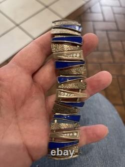 Vintage MCM Russian Silver and Blue Enamel with Zircon Geometric Bracelet