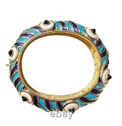 Vintage Marcel Boucher White & Blue Enamel Gold-plated Geometric Bangle Bracelet