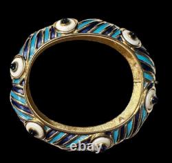 Vintage Marcel Boucher White & Blue Enamel Gold-plated Geometric Bangle Bracelet