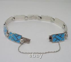 Vintage Margot de Taxco Sterling Silver Blue Enamel Mexican Link Bracelet 5769