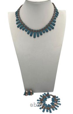 Vintage Matisse Renoir Blue Enamel Copper Necklace Bracelet Earrings Jewelry Lot
