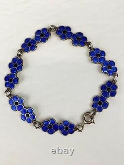 Vintage Meka Denmark Sterling Blue Guilloche Enamelled Forget Me Not Bracelet