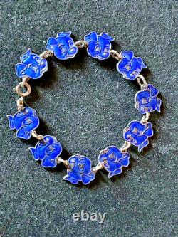 Vintage Meka Denmark Sterling Silver Blue Enamel Rare Dog Heads Bracelet 6.5