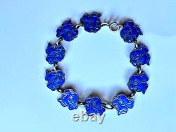 Vintage Meka Denmark Sterling Silver Blue Enamel Rare Dog Heads Bracelet 6.5