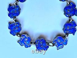Vintage Meka Denmark Sterling Silver Blue Enamel Rare Dog Heads Bracelet 6.5