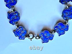 Vintage Meka Denmark Sterling Silver Blue Enamel Rare Dog Heads Bracelet 6.5