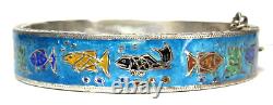 Vintage Mexico Sterling Blue Enamel Fish Sea Life Hinged Bangle Bracelet