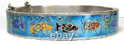 Vintage Mexico Sterling Blue Enamel Fish Sea Life Hinged Bangle Bracelet