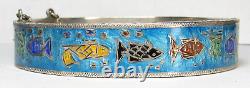 Vintage Mexico Sterling Blue Enamel Fish Sea Life Hinged Bangle Bracelet