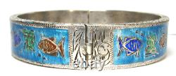 Vintage Mexico Sterling Blue Enamel Fish Sea Life Hinged Bangle Bracelet