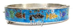 Vintage Mexico Sterling Blue Enamel Fish Sea Life Hinged Bangle Bracelet